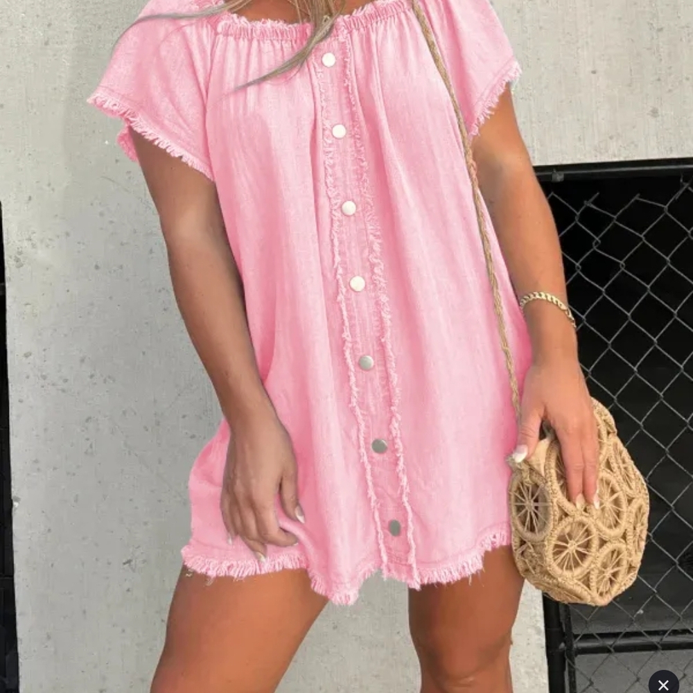 Pink Off-Shoulder Button-Down Dress